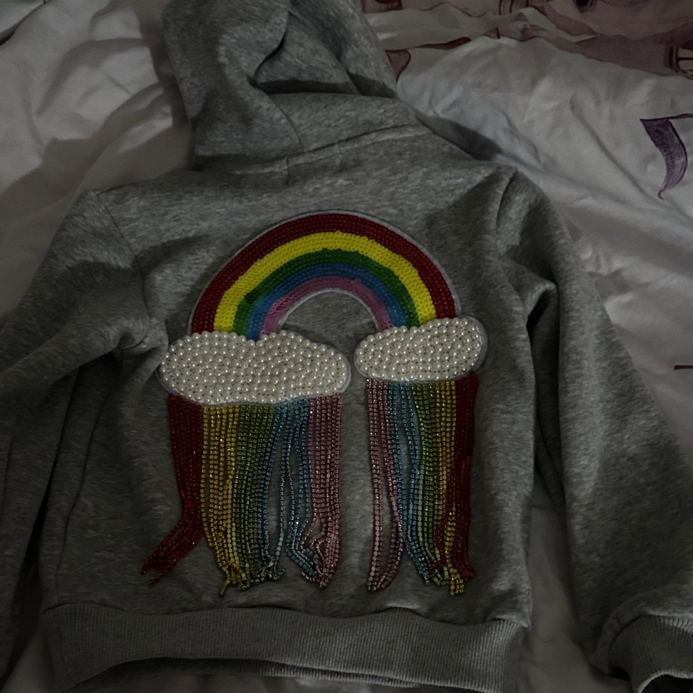 Lola + The Boys Gray Hoodie with Rainbow and Pearl Clouds